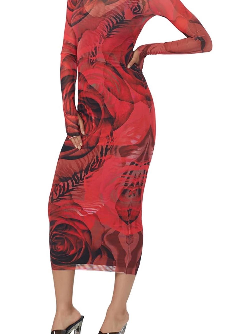 NWT AFRM Shailene Red Rose-Print Long Sleeve Mesh Midi Dress, size XL.